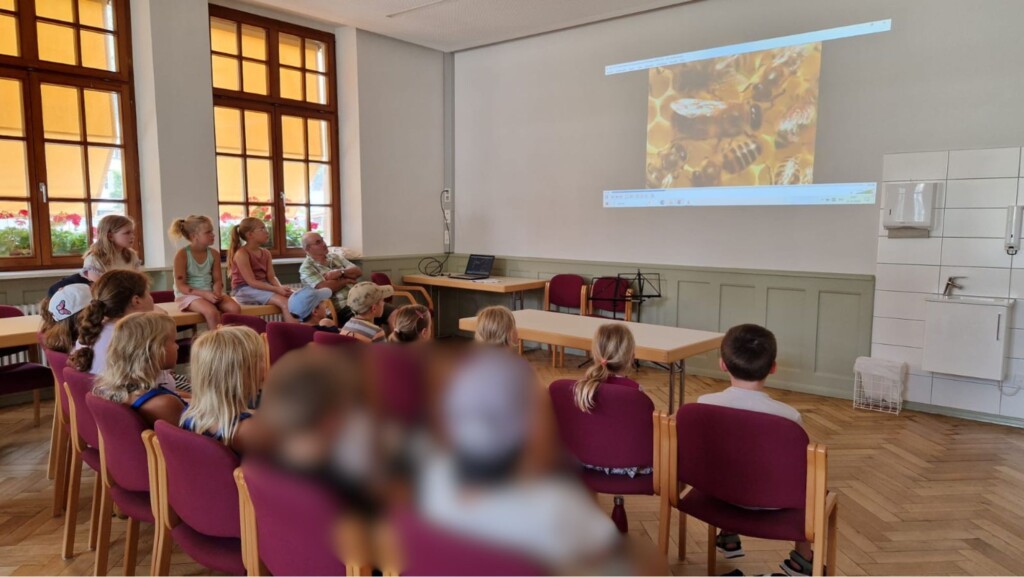 Kinder auf Stühlen beim Betrachten eines Filmes