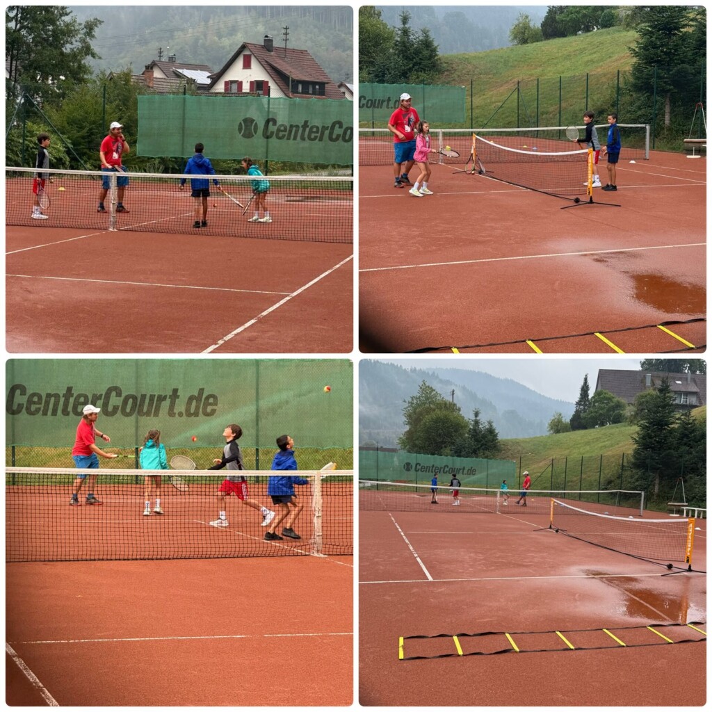 4 Bilder von Kindern die auf dem Tennis spielen